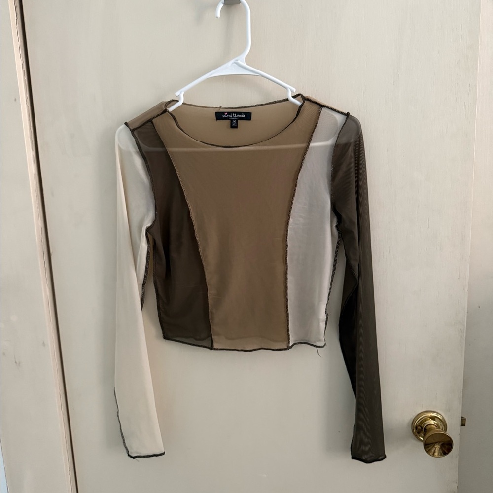 Sheer Long Sleeve Colorblock Top